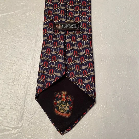 Paolo Gucci Equestrian Navy Blue Red Gold Saddle Stirrups Men’s 100% Silk Tie - Picture 5 of 6